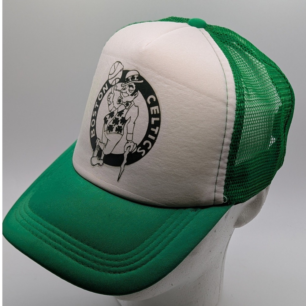 Vtg Boston Celtics Hat Green White Mesh Snapback Trucker Lucky Leprechaun‎ OSFA